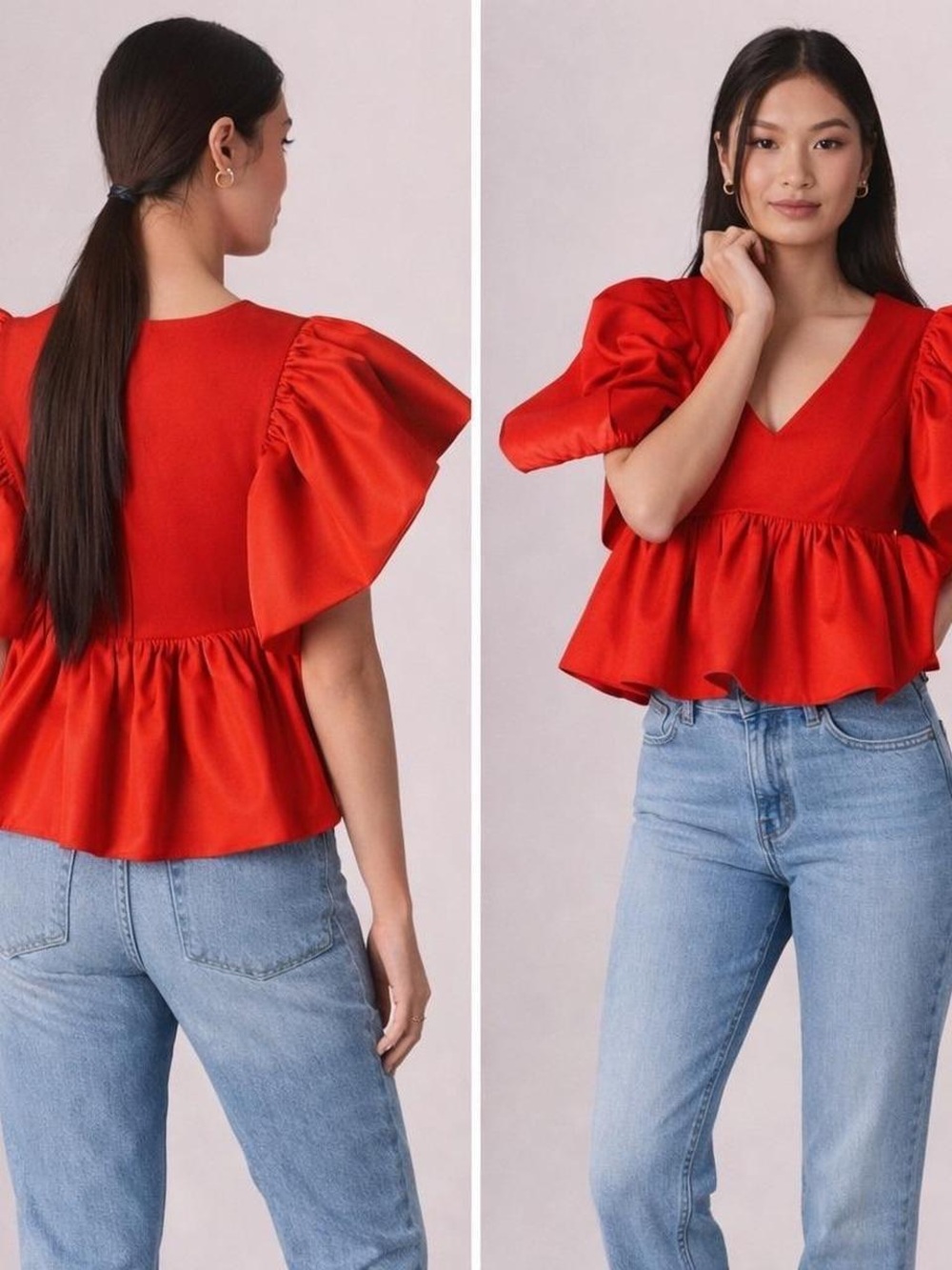 Sunday in Brooklyn Anthropologie Vibrant Red V-Neck Puff Sleeve Peplum Blouse